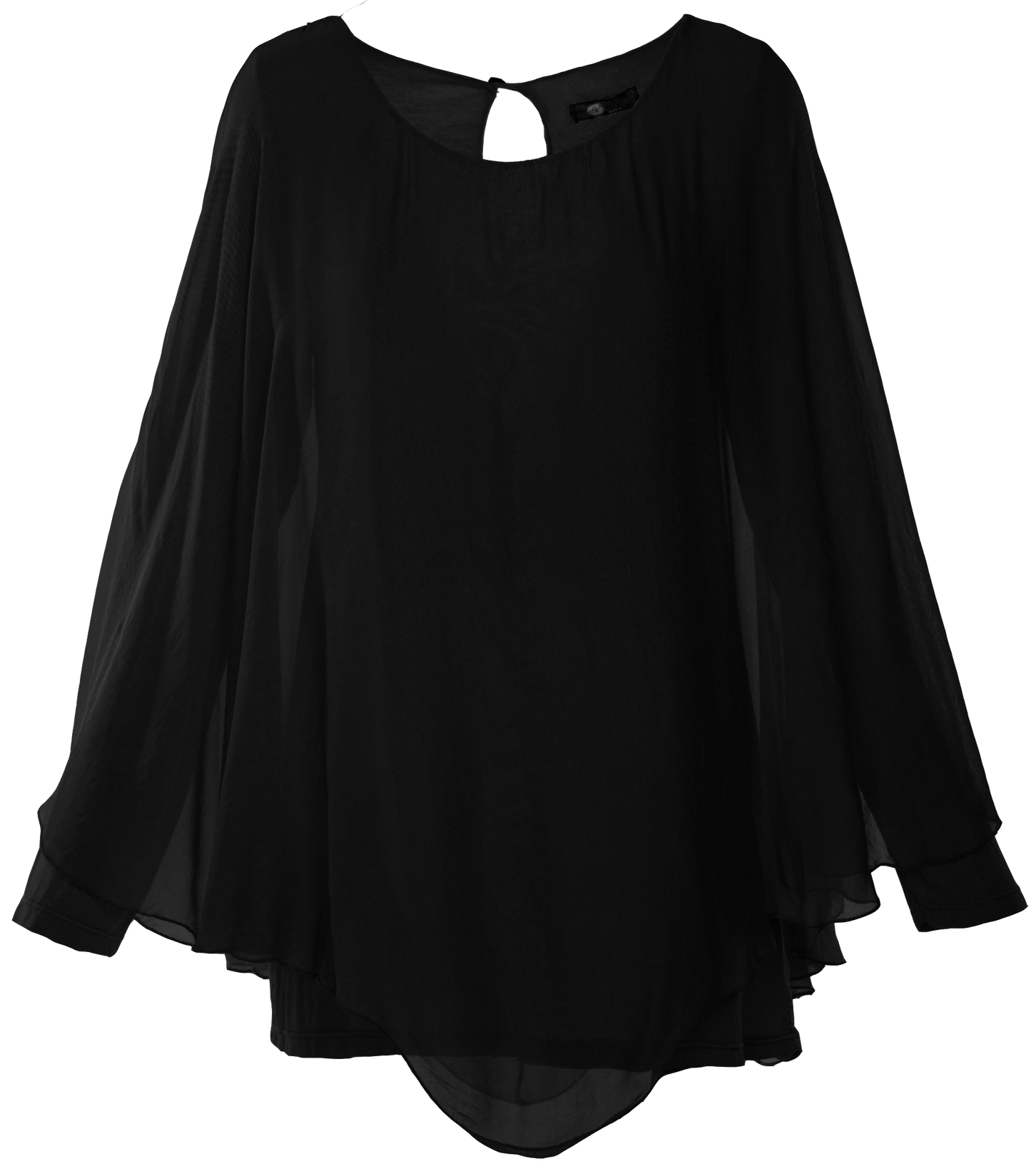 M Made In Italy - Long Sleeve Layered Silk Cape Top Plus Size: Black / 2X