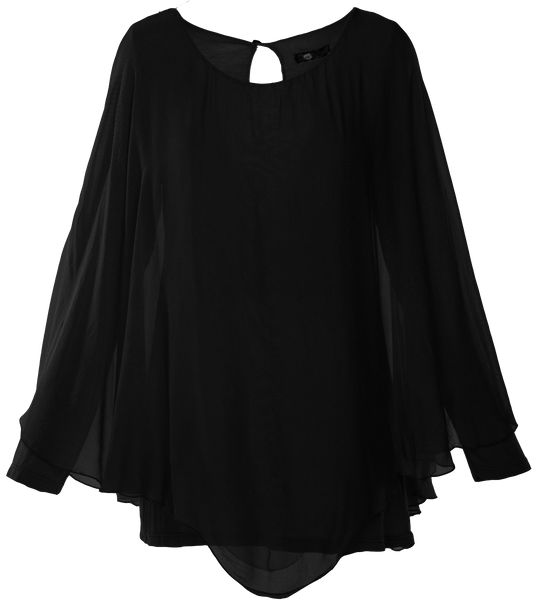 M Made In Italy - Long Sleeve Layered Silk Cape Top Plus Size: Black / 1X