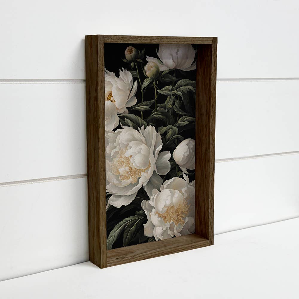 Hangout Home - White Peony Black Background - Floral Canvas Art - Farmhouse: 24x36" Extra Large Canvas Art with Thick Wood Frame