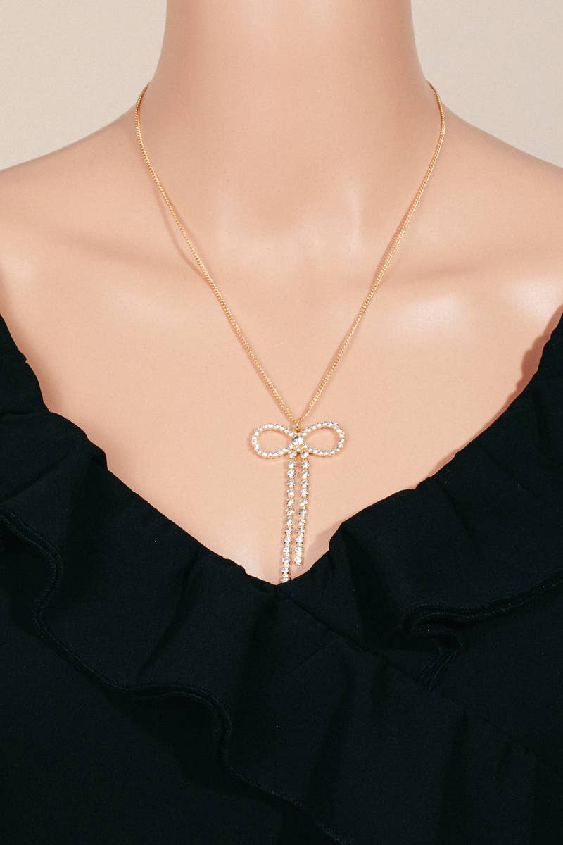 The Looks by Fame Accessories - Rhinestone Ribbon Bow Pendant Chain Necklace: GDCR