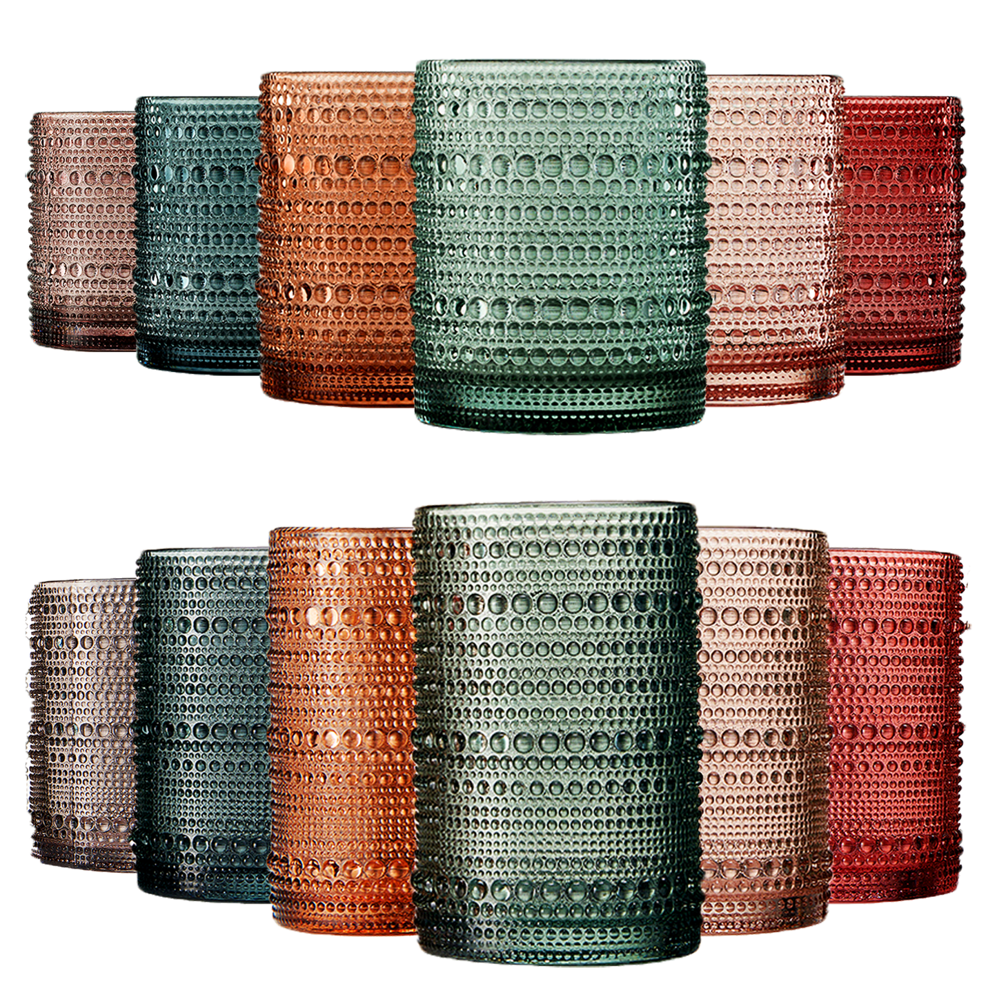 The Wine Savant /  Khen Glassware - 12 Hobnail Drinking Glasses Pastel Colored Beaded Set