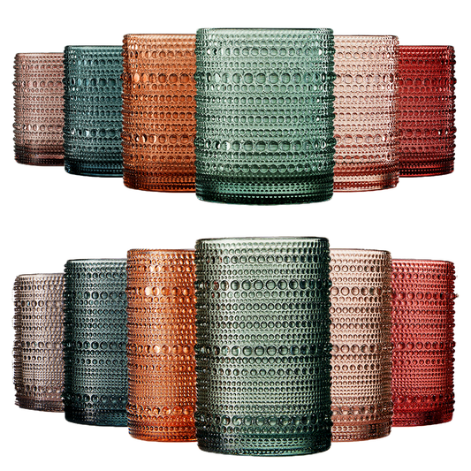 The Wine Savant /  Khen Glassware - 12 Hobnail Drinking Glasses Pastel Colored Beaded Set