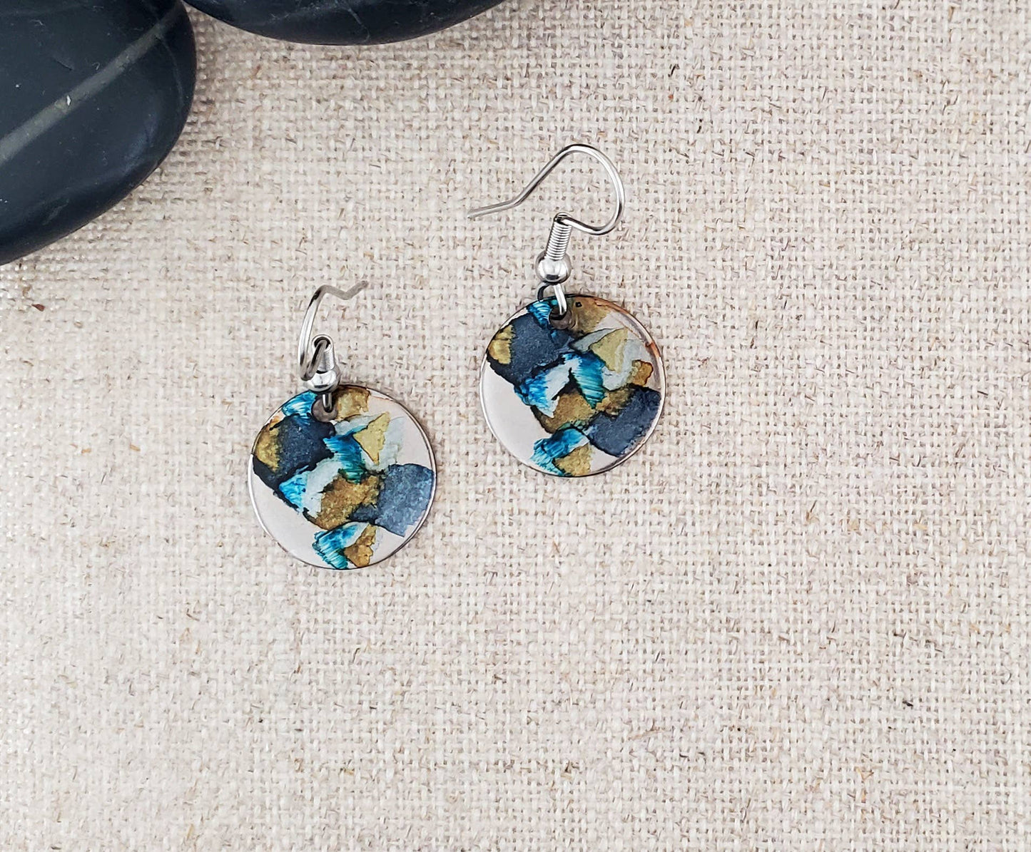 Covaly Artisan Jewelry - Alcohol Ink Stainless Steel Small Circle Earrings: Black