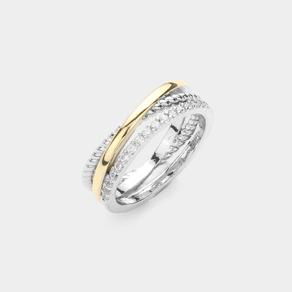 Wona Trading, Inc. - Two Tone CZ Stone Paved Crisscross Ring: 7