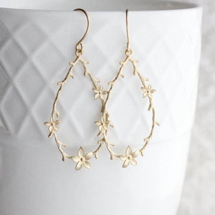 A Pocket of Posies - Twig and Flower Hoop Earrings: Matte Gold