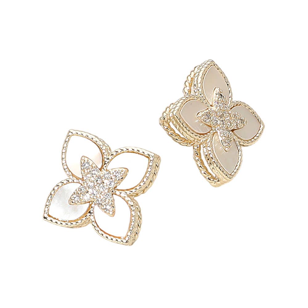 Sensibling Corp. - 14K Gold Plated CZ Stone Paved Center Mother of Pearl Floral Clover Stud Earrings