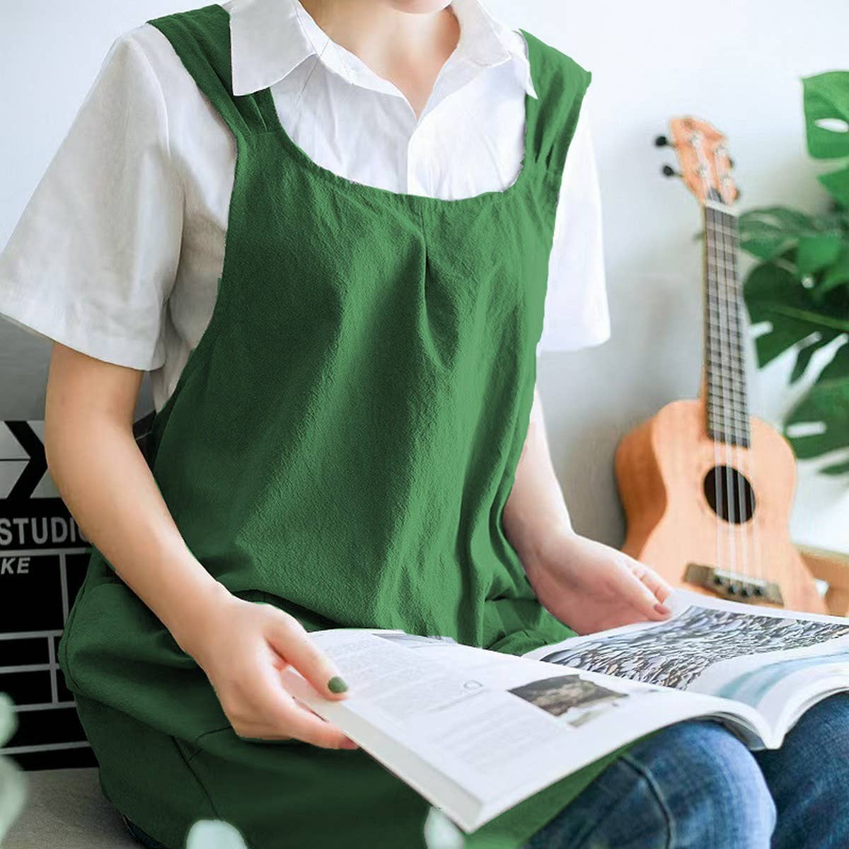 NINEXIS - CWAB3993_COTTON AND LINEN SOLID COLOR TIE-FREE WORK APRON: GREEN / (OS) 1