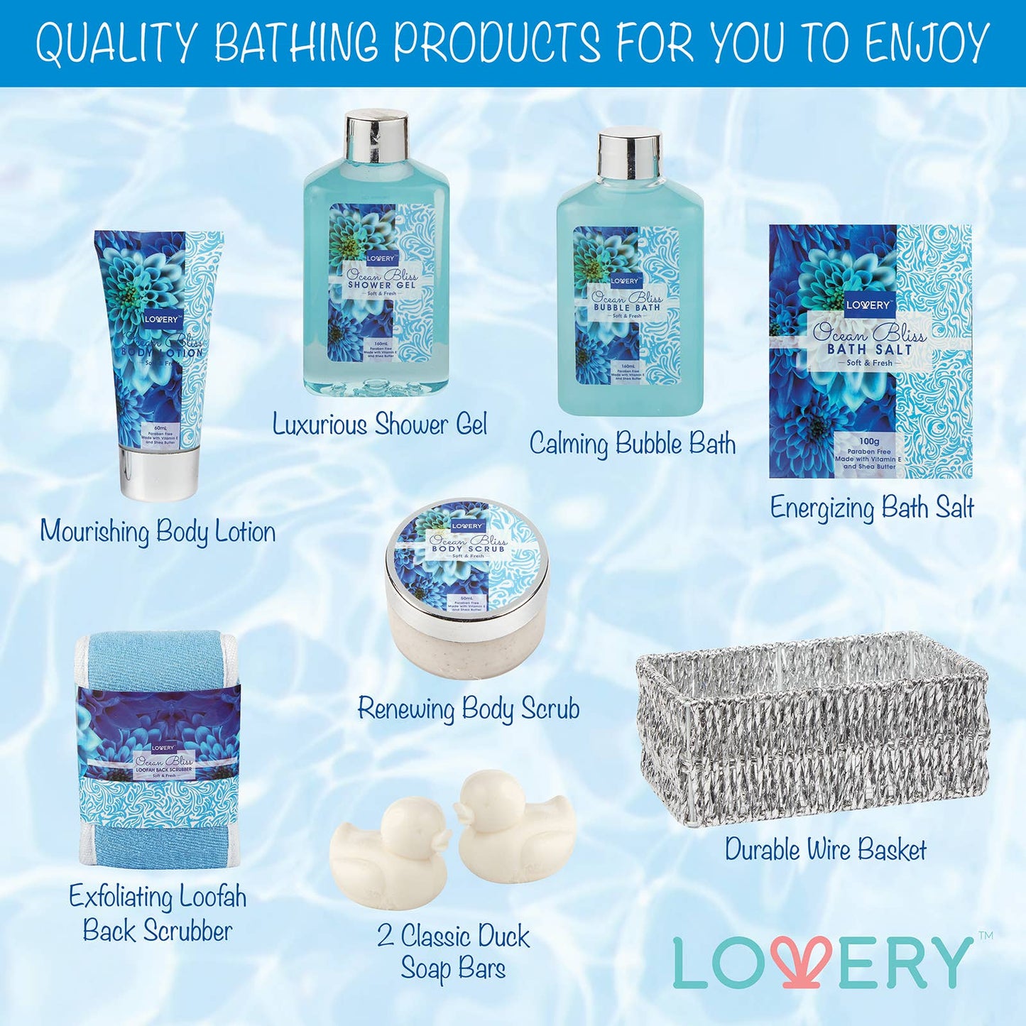 Lovery - Home Spa Gift Basket - Ocean Bliss Scent - Bath & Body Set