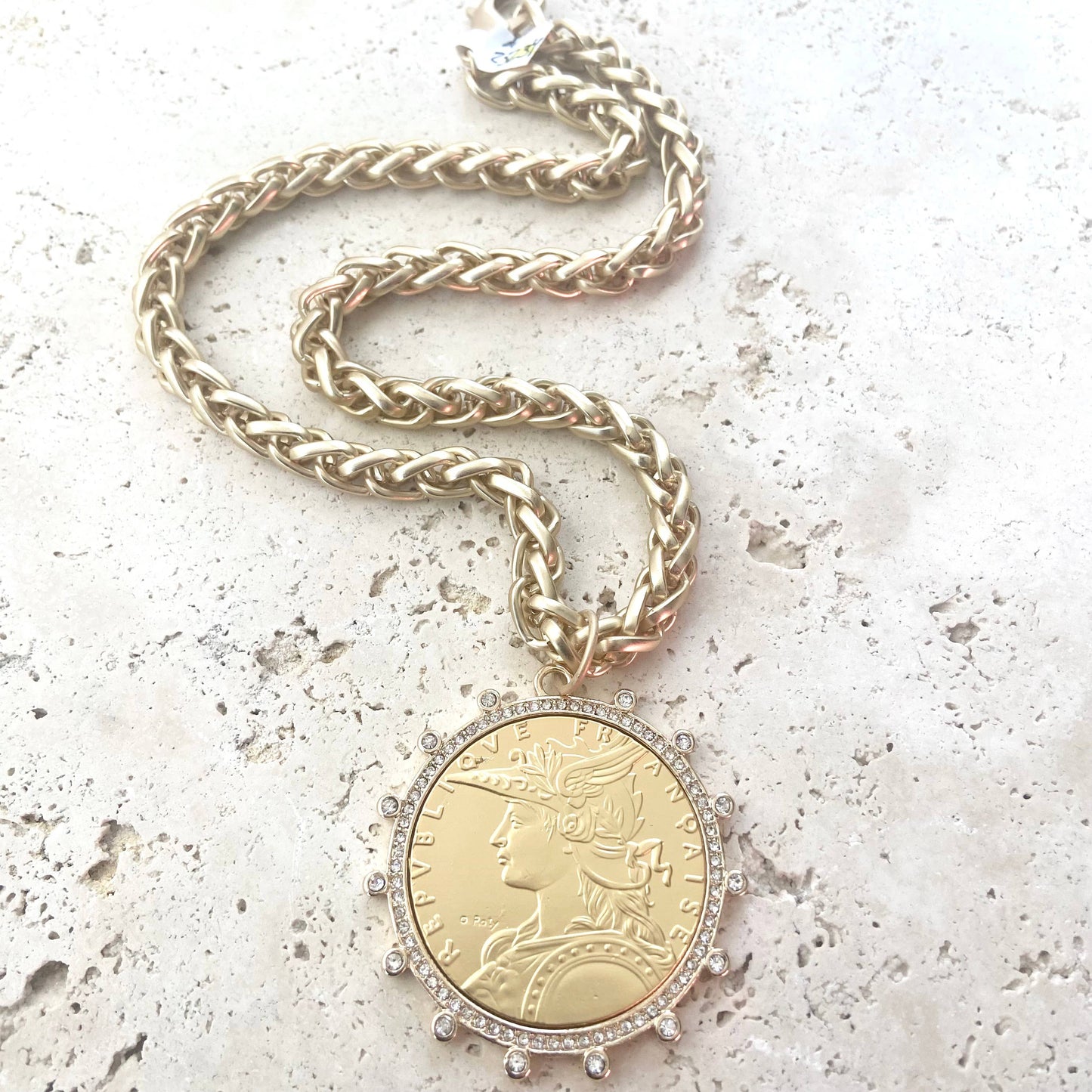 VB&CO Designs Handmade Jewelry - French coin necklace matte gold boutique