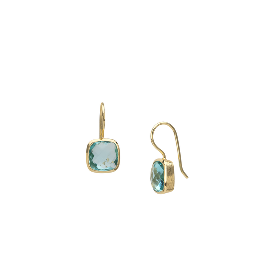 AJS Design Studio - Gold cushion cut Blue Topaz earrings