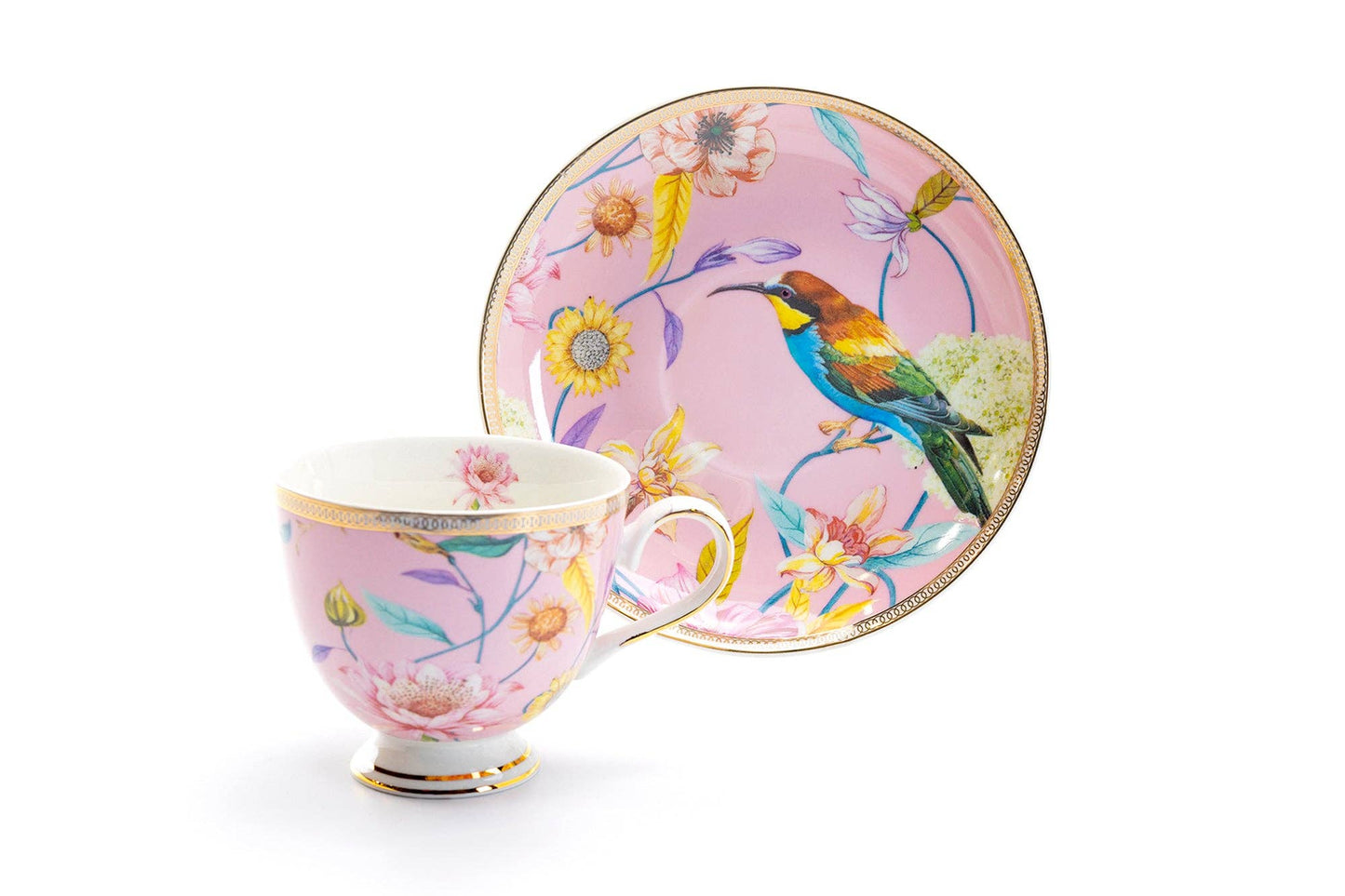 Grace Teaware - Spring Flowers Hummingbird Porcelain Cup & Saucer Set of 4