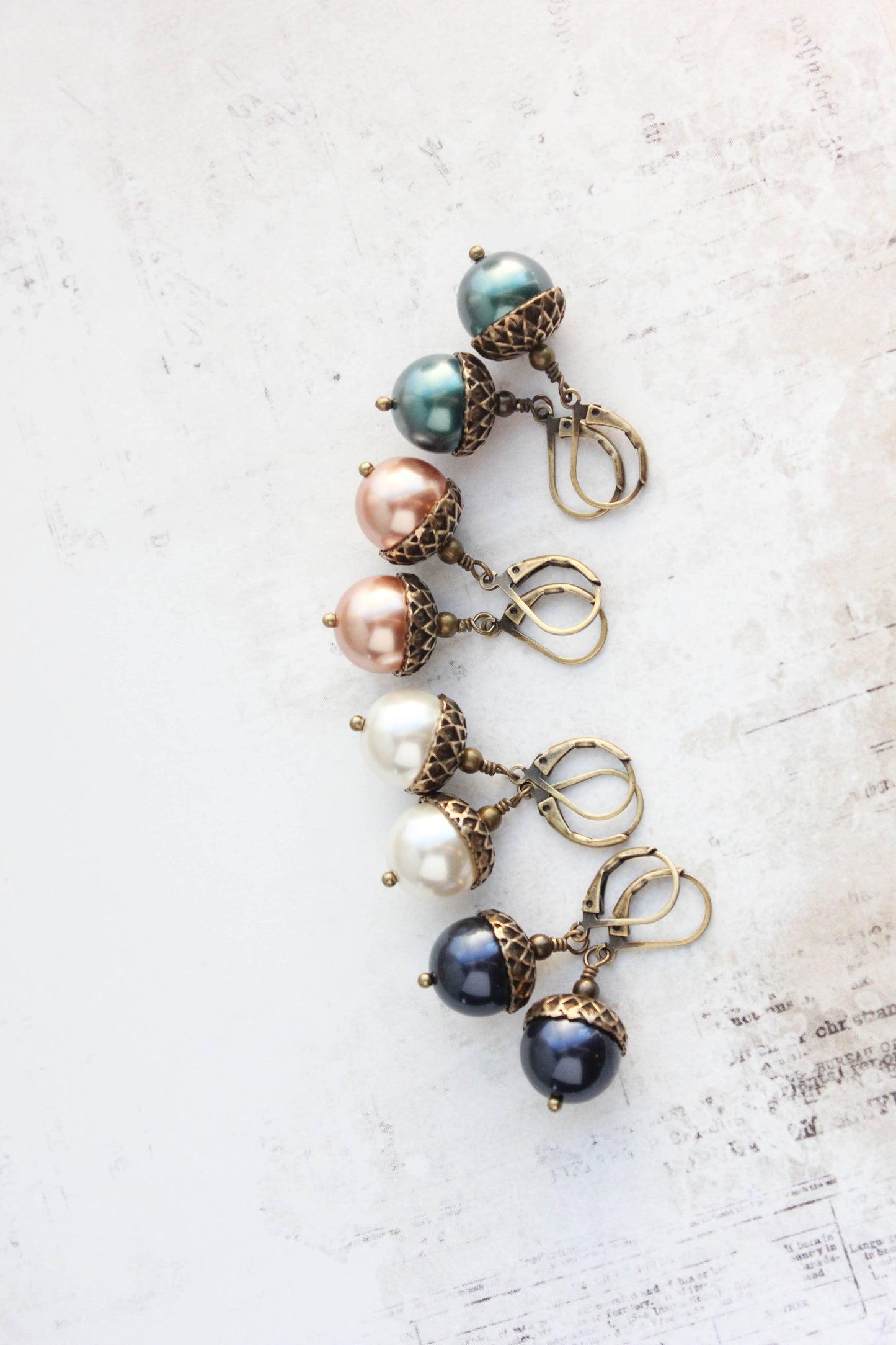 A Pocket of Posies - Pearl Acorn Earrings - ANTIQUED BRASS (23 colors): 4) Pink Champagne