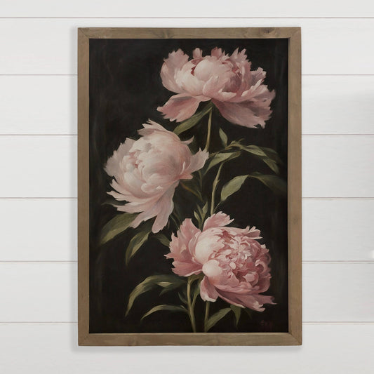 Hangout Home - Blush Peonies Dark Painting - Farmhouse Flower Canvas Art: 24x36" Extra Large Canvas Art with Thick Wood Frame