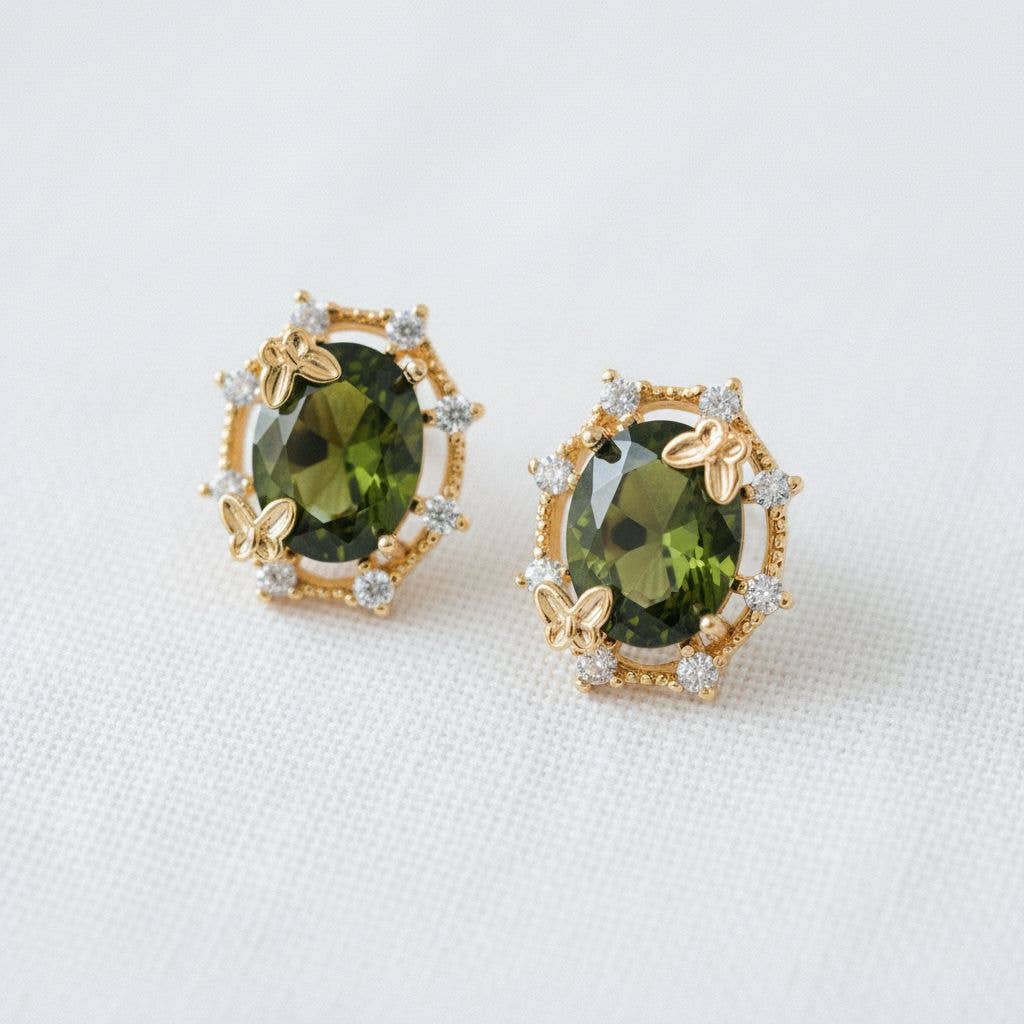 Ellemadera - Elegant Olive Green Gemstone Drop Earrings