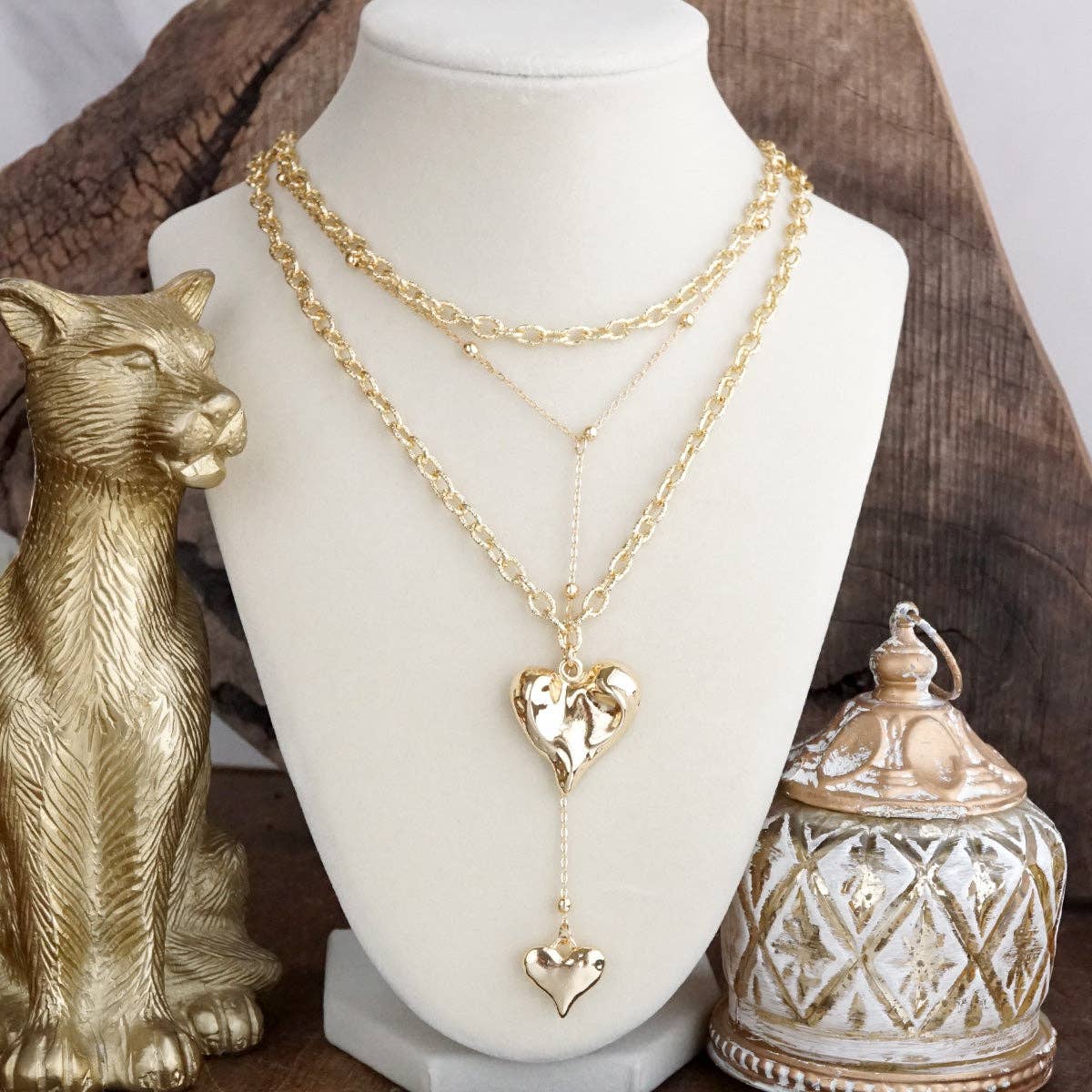 PennyLine inc - Flutter & Glow – Puffy Heart Lariat Layered Necklace in Gold