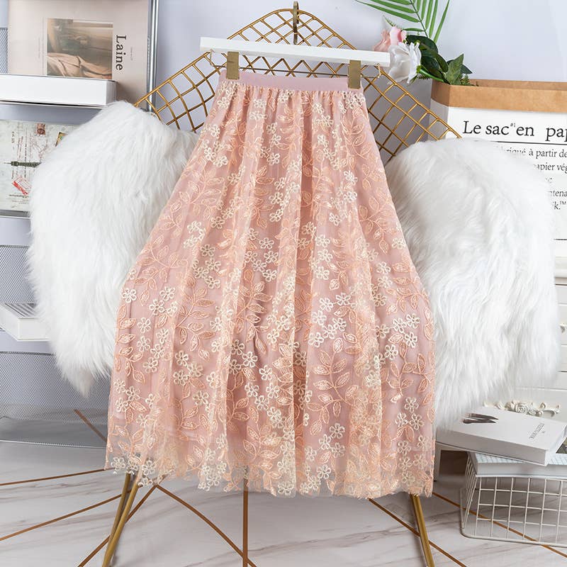 PEACH ACCESSORIES - SK119 Delicate flowers embellished skirts: Cream