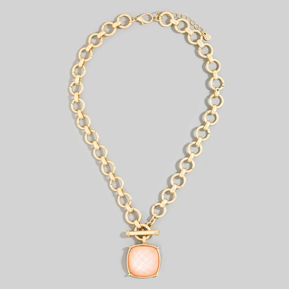 The Looks by Fame Accessories - Large Square Faceted Stone Pendant Toggle Chain Necklace: BK