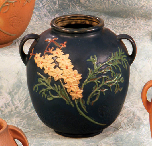 AA Importing - Roseville-Style, Larkspur Pot in Brown & Blue, 9": Blue