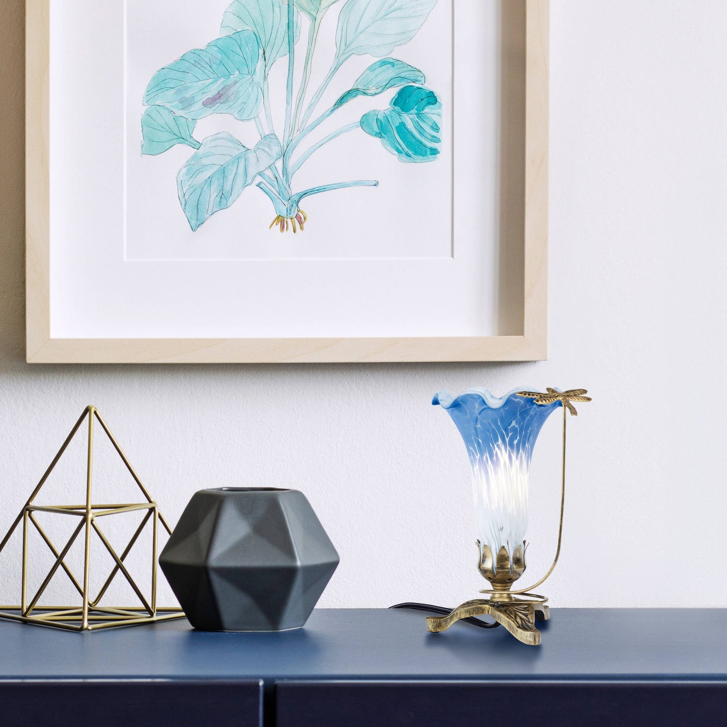 River of Goods - 9"H Blue & White Handpainted Glass Dragonfly Lily Lamp