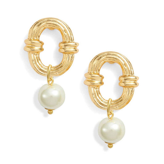 KARINE SULTAN - Ornamented link with creamy white genuine fresh pearl drop: Gold