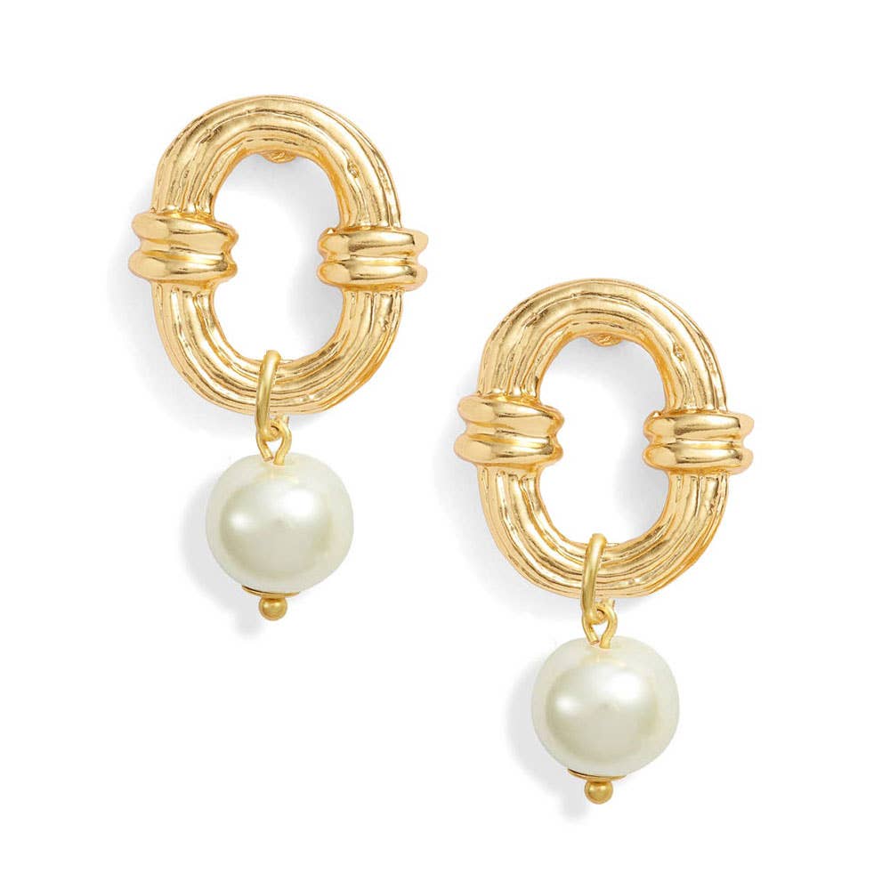 KARINE SULTAN - Ornamented link with creamy white genuine fresh pearl drop: Silver