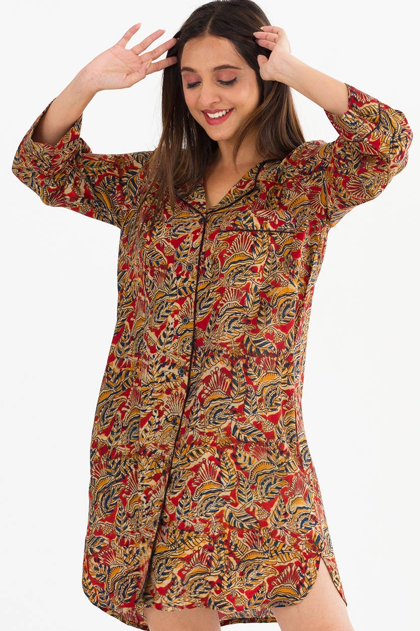Sevya Handmade - Kalamkari Nightshirt: S/M / Blue & Silver