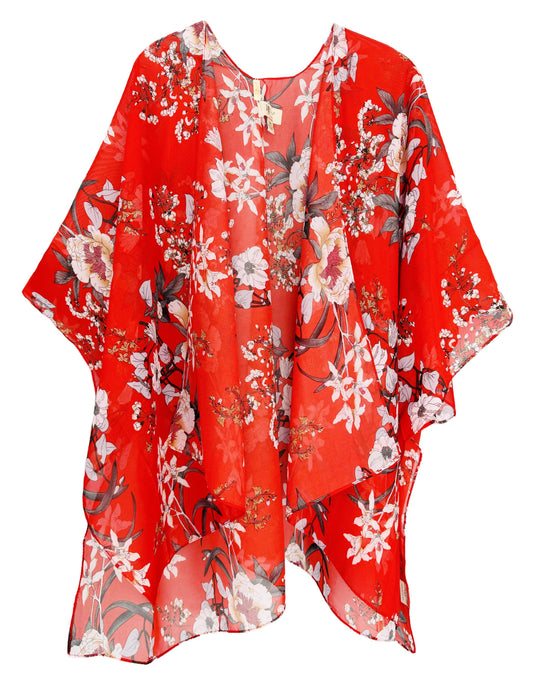 JC Sunny Fashion - 4 Colors--JC071231 Short Style Floral Kimono: Red