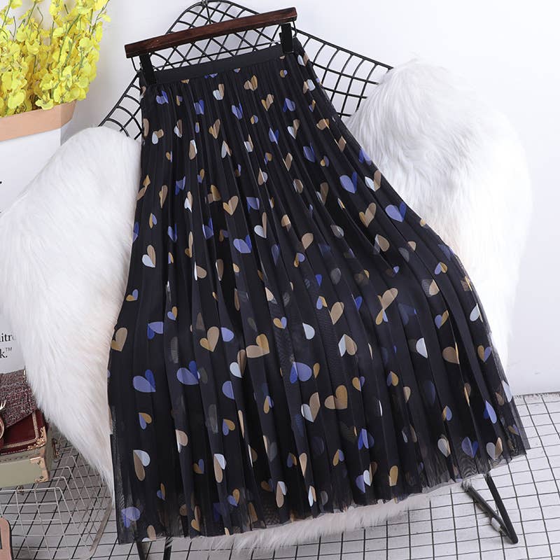 PEACH ACCESSORIES - SDK154 Hearts pattern pleated skirt: Cream