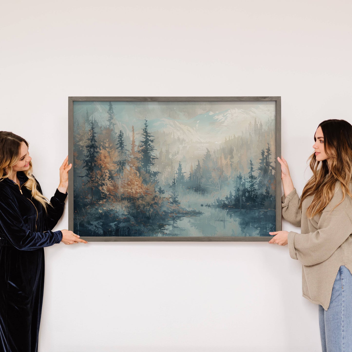 Hangout Home - Blue Tan Abstract Pines - Mountain Landscape Canvas Wall Art: 24x36" Extra Large Canvas Art with Thick Wood Frame