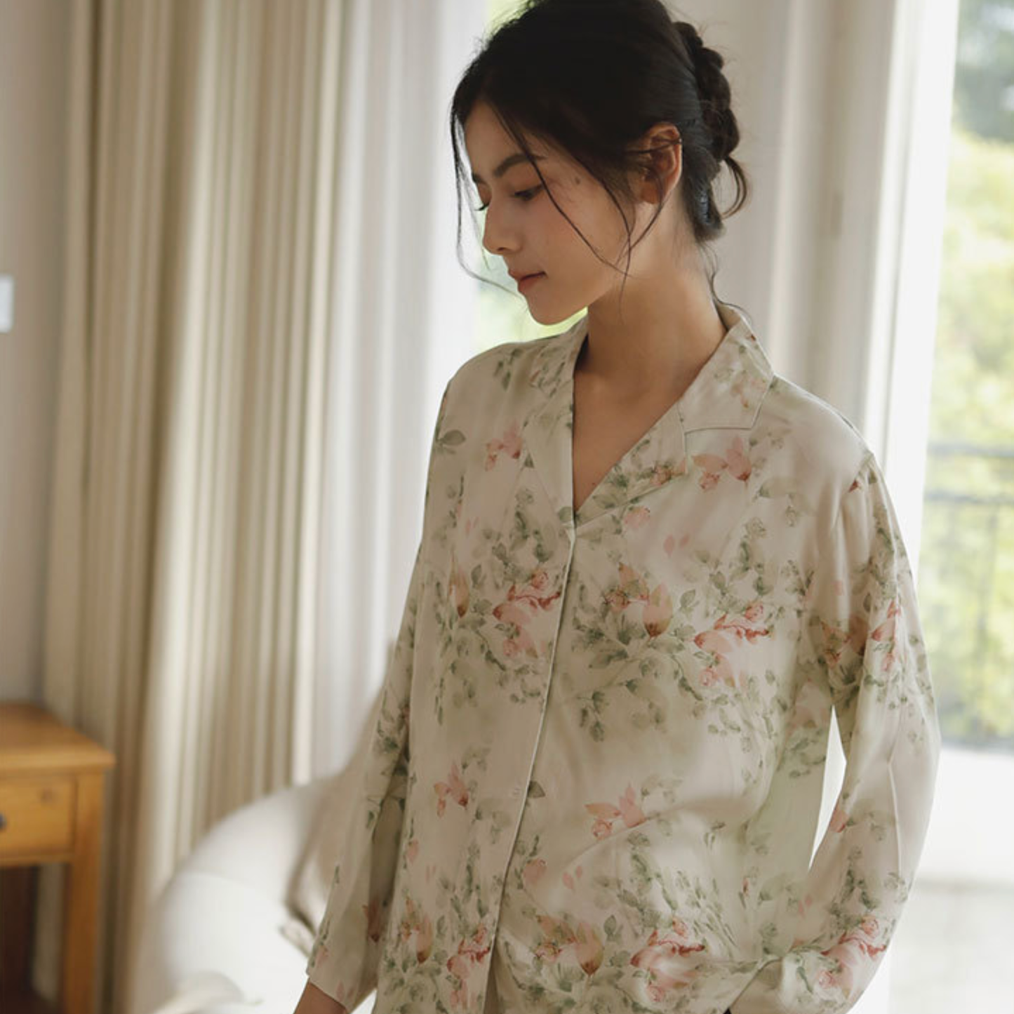 DrifWoo - Elegant Floral Long Sleeve Pajama Set – Soft & Breathable: Beige Rose / S