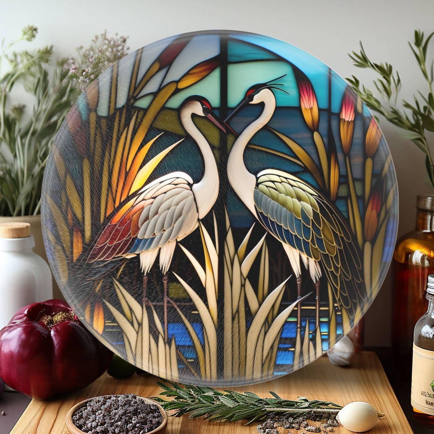 Fernville Creations - Crane Charcuterie Tempered Glass Cutting Board, Serving Tray: 12 - Inch