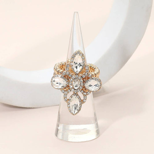 Sensibling Corp. - Vintage Floral Marquise Oval Stone Stretch Statement Ring: Clear,Gold