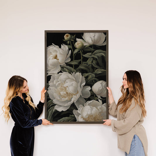 Hangout Home - White Peony Black Background - Floral Canvas Art - Farmhouse: 24x36" Extra Large Canvas Art with Thick Wood Frame
