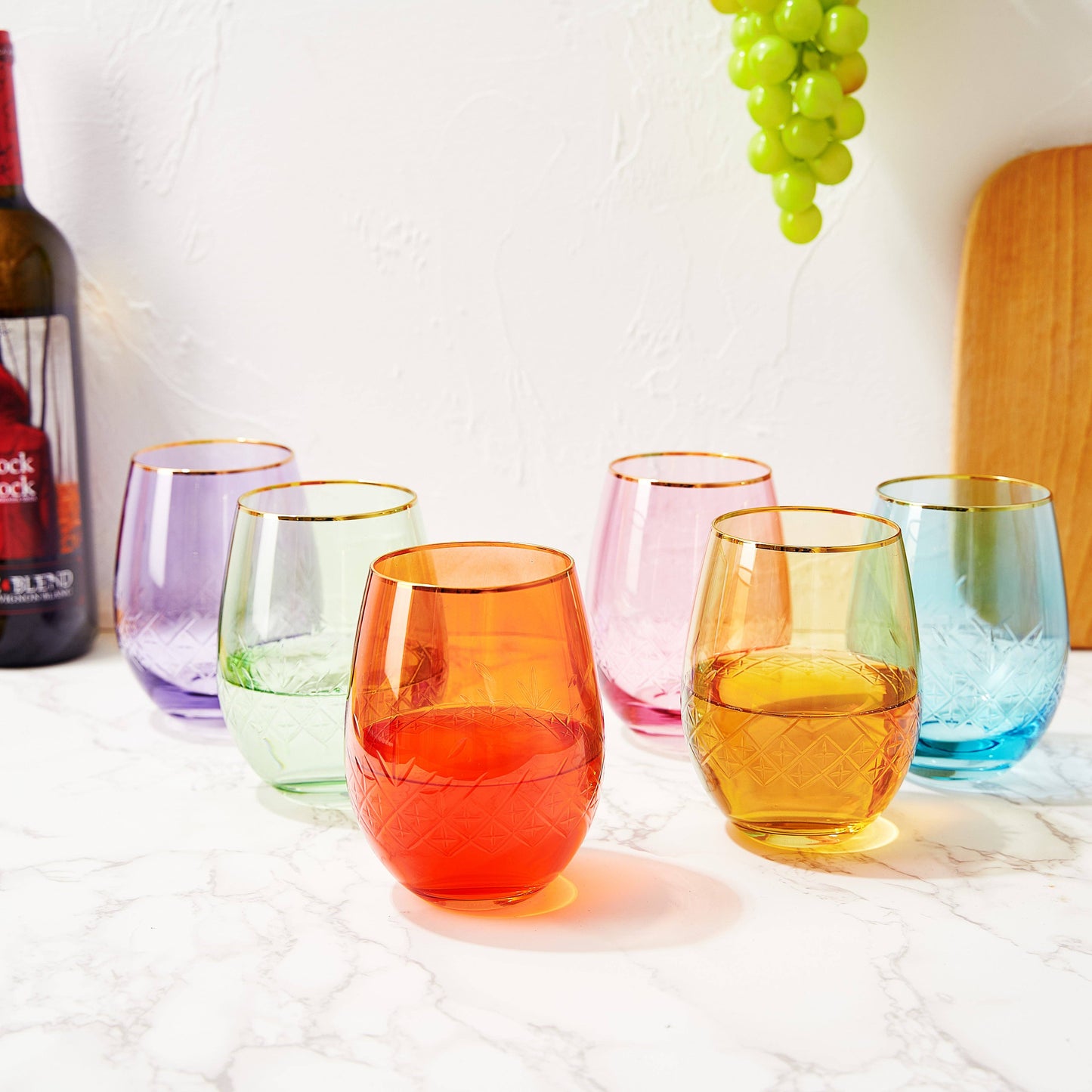 The Wine Savant /  Khen Glassware - Art Deco Colored Crystal Stemless Wine Glass Set of 6, 15 oz