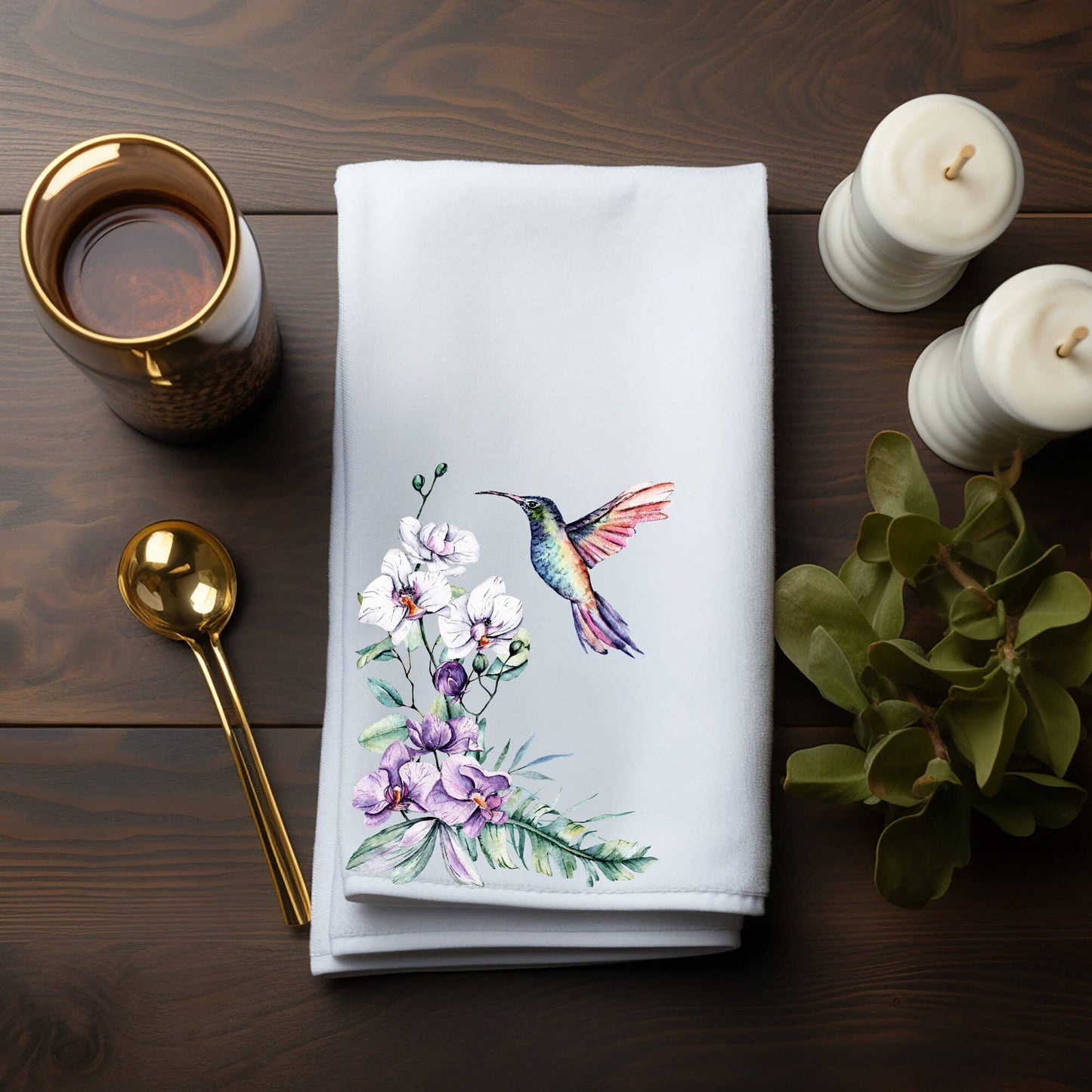 Fernville Creations - Hummingbird & Orchid Floral Finger Towel for Powder Room