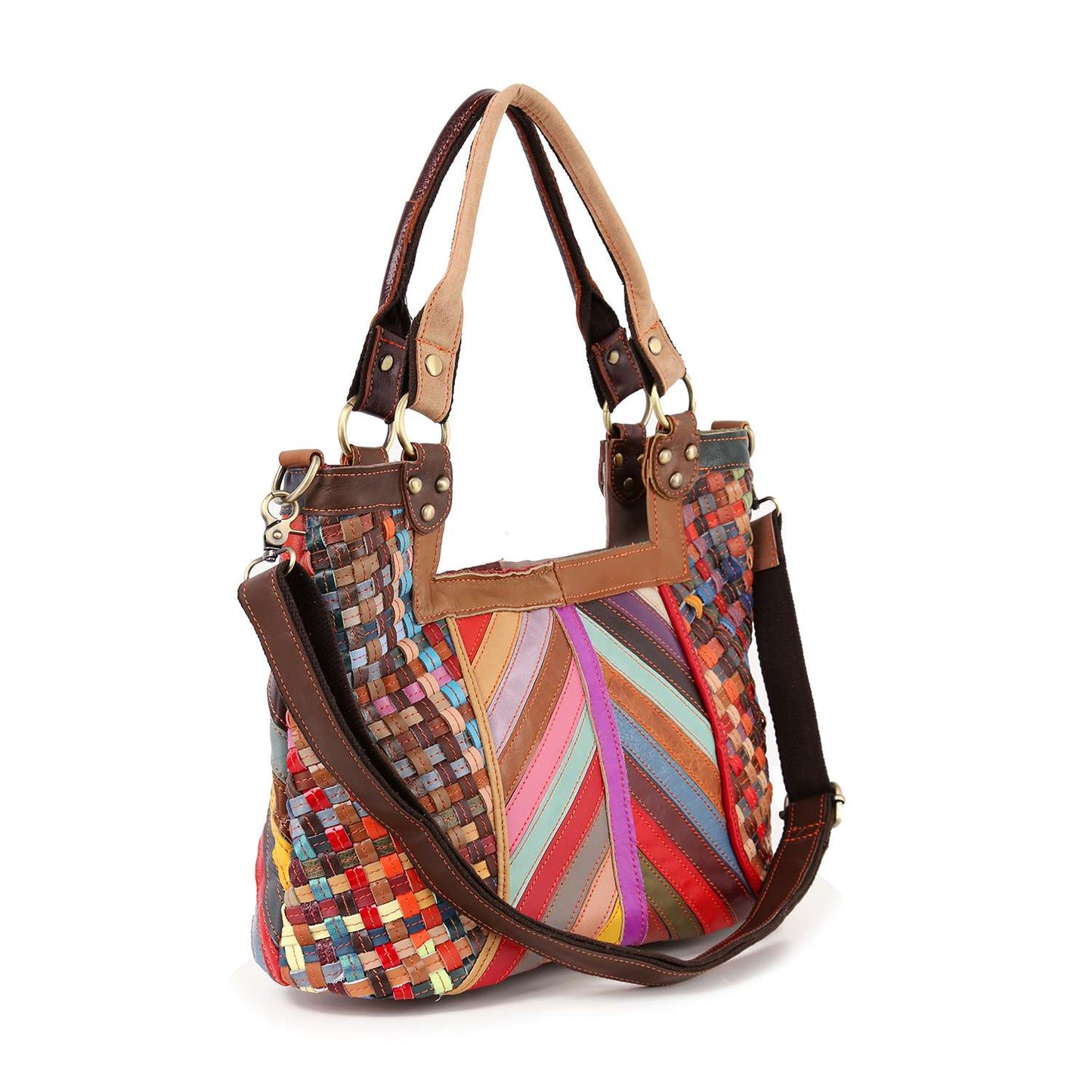 Handbag Express - Genuine Leather Colorful Woven Shoulder Bag: Multi