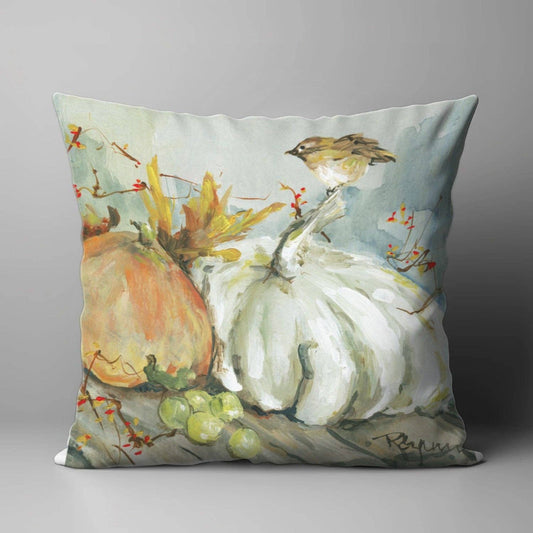 LuckyBird Apparel and Home - ROZIE'S SPARROW ON WHITE PUMPKIN SQUARE PILLOW: 22"