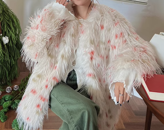 PEACH ACCESSORIES - Polka-Dot Shaggy Cape Coat CE102: Pink Mix