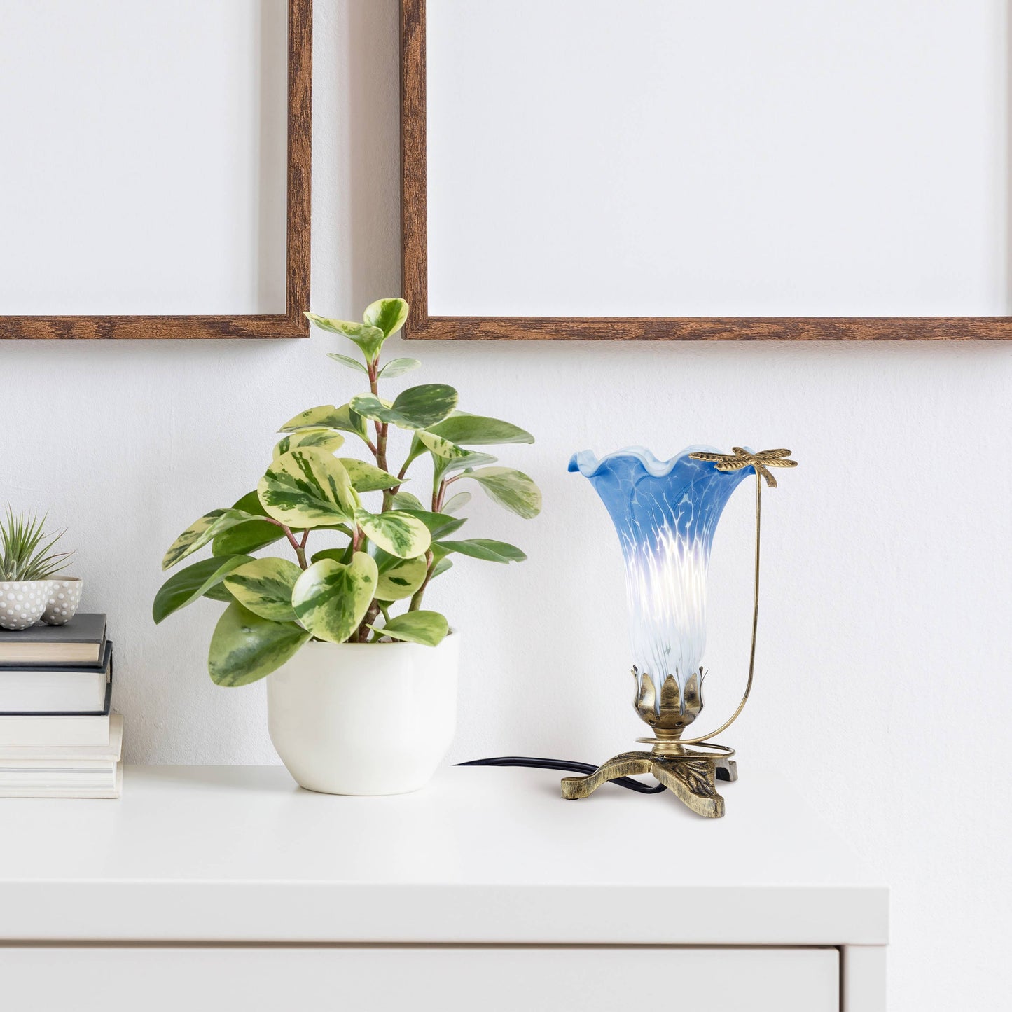 River of Goods - 9"H Blue & White Handpainted Glass Dragonfly Lily Lamp