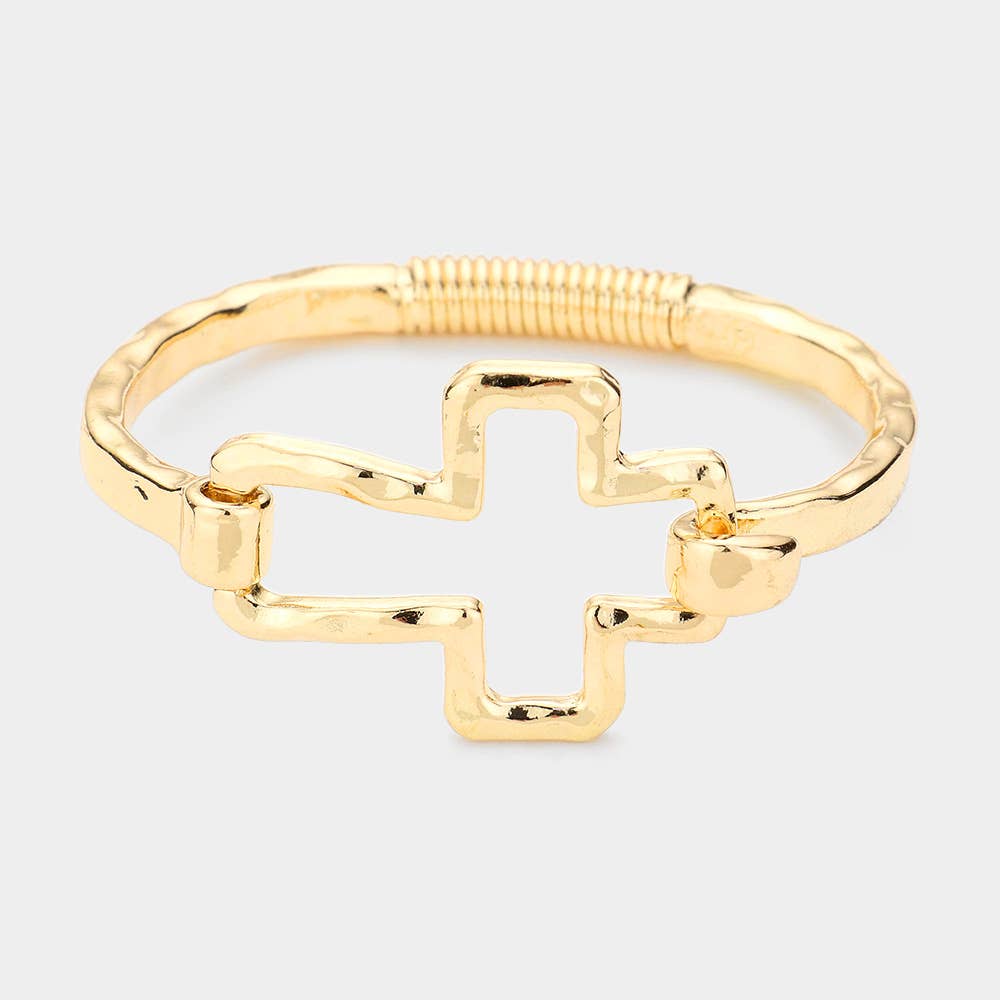 Sensibling Corp. - Hammered Open Metal Cross Hook Bracelet: Worn Gold