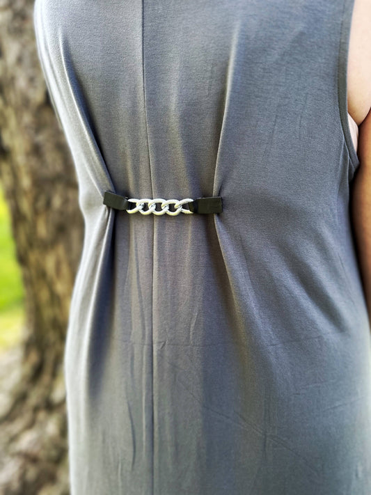 KardiKlips - Silver Chain & Black Leather Dress & Cardigan Cinch Clip