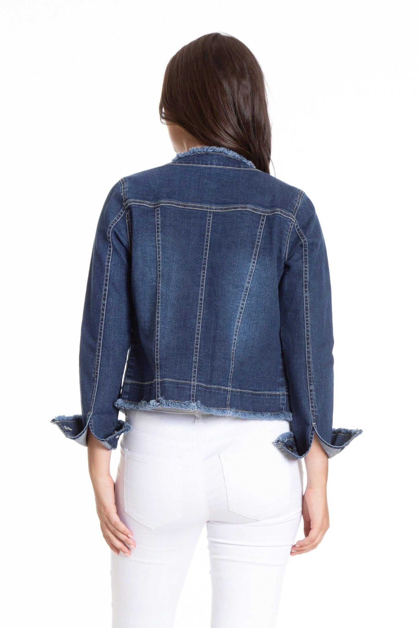 APNY - Collarless Jean Jacket With Frayed Detail: INDIGO / L