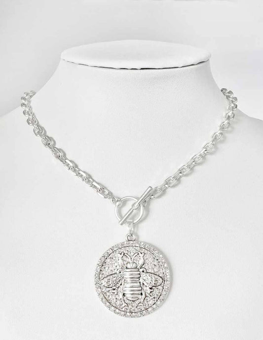 Pretty Persuasions - N25064 Large Rhinestone Adorned Bee Coin Pendant Necklace : 02 WS