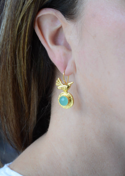 AJS Design Studio - Gold plated bird earring with aqua chalcedony