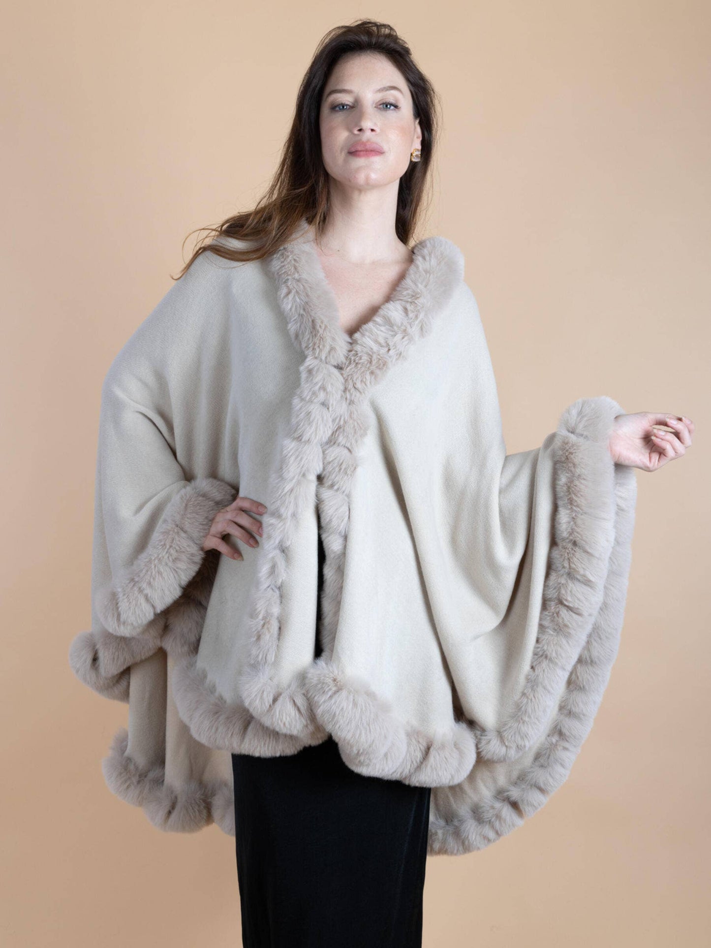 SAACHI - Faux Fur Cape Kimono: BLACK