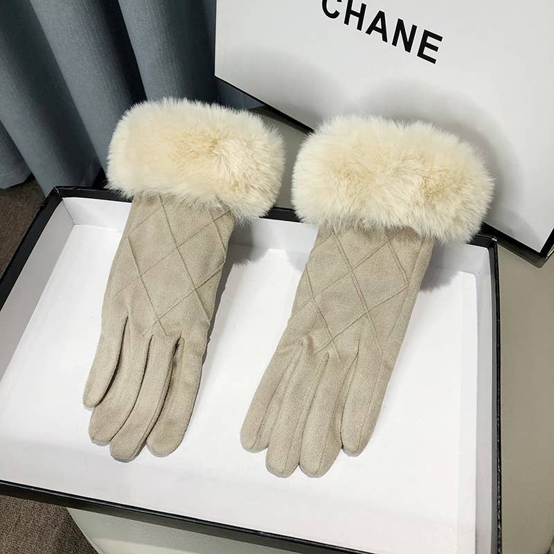 PEACH ACCESSORIES - Winter Elegance Faux Fur Trimmed Gloves HA296: Beige