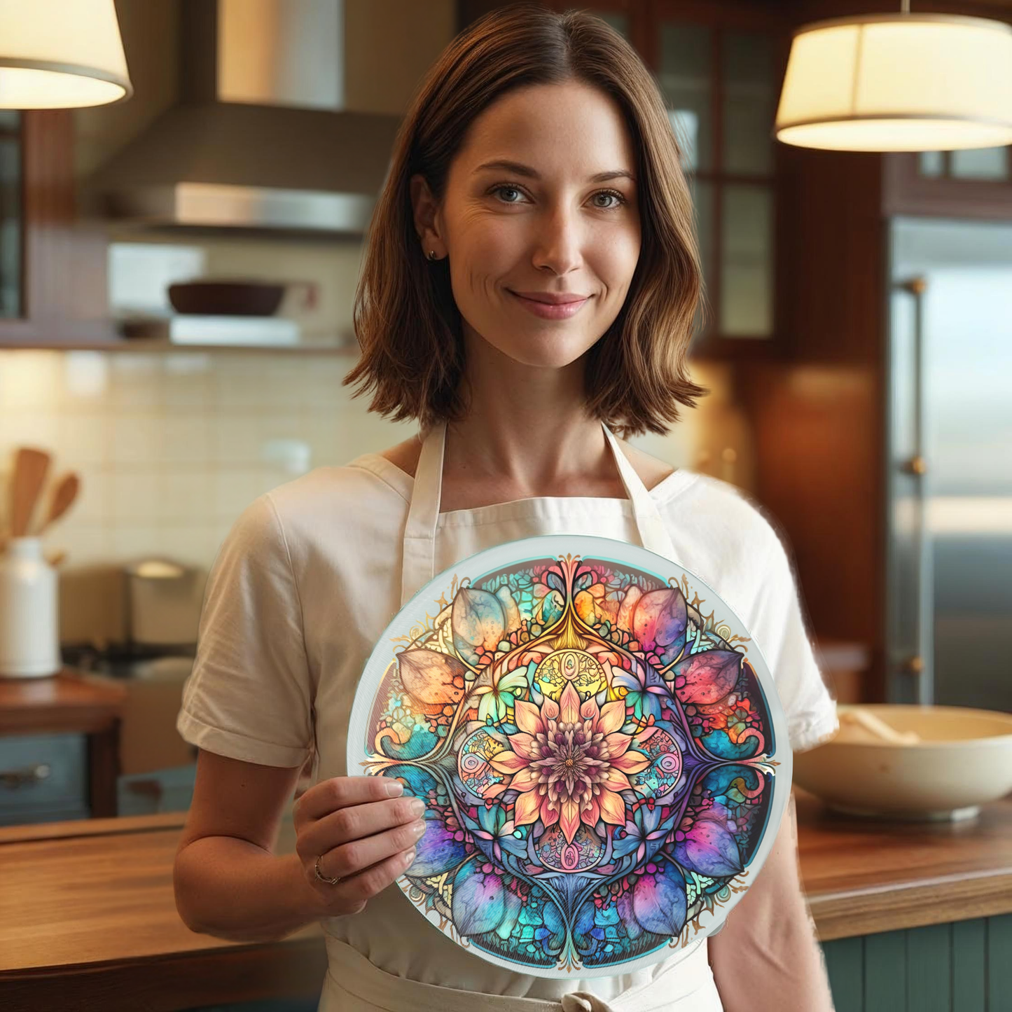 Fernville Creations - Mandala Cutting Board, Printed Image on Textured Glass: 12 Inch