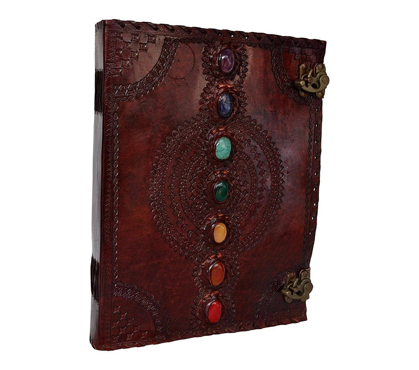 Tuzech Leather - Tuzech Seven Chakra Medieval Stone Embossed Handmade Jumbo Leather Journal Book of Shadows Notebook Office Hocus Pocus Diary College Poetry Sketch With Leather Bound: Brown / 10 x 7 Inches