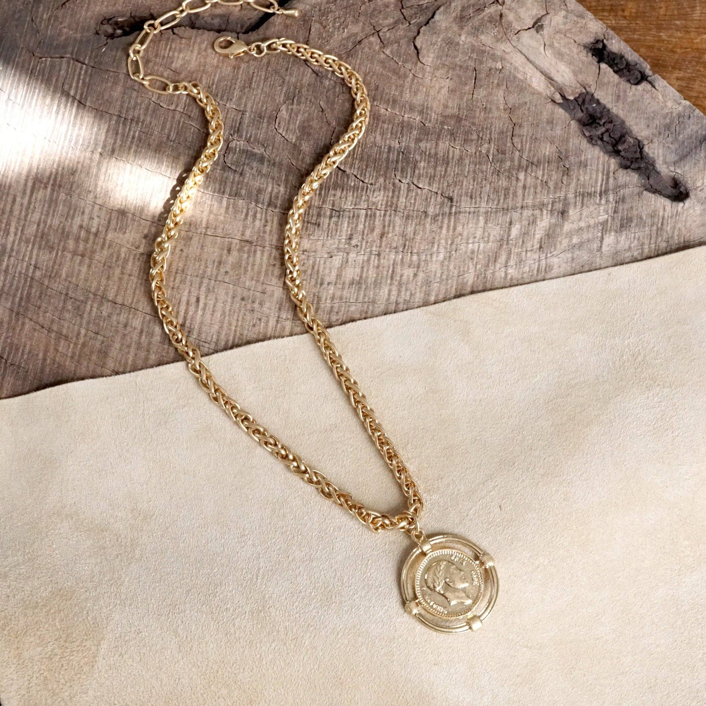 PennyLine inc - Framed Coin Necklace with Worn Gold-Tone Wheat Chain