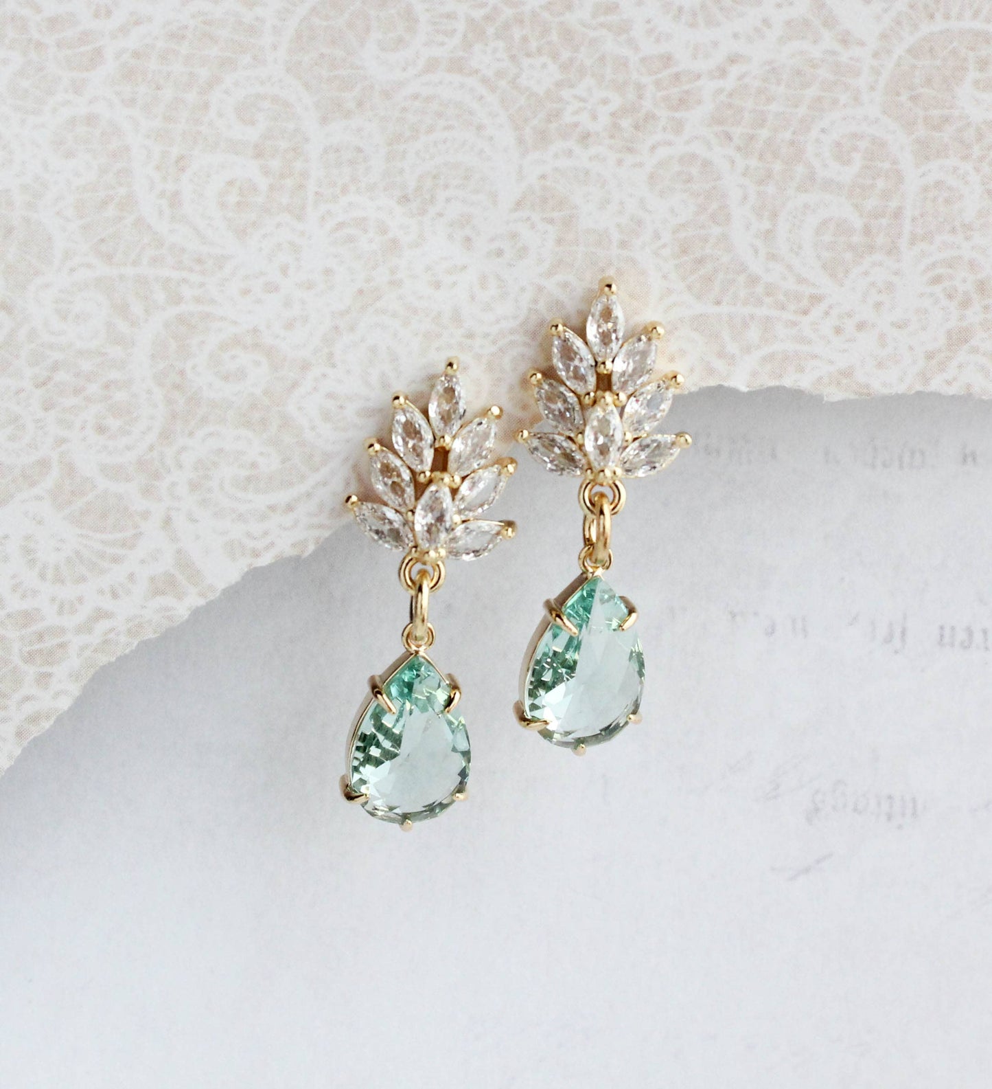 A Pocket of Posies - Glass Leaf Earrings | Rhinestone Studs | Gold or Silver: Gold Plated